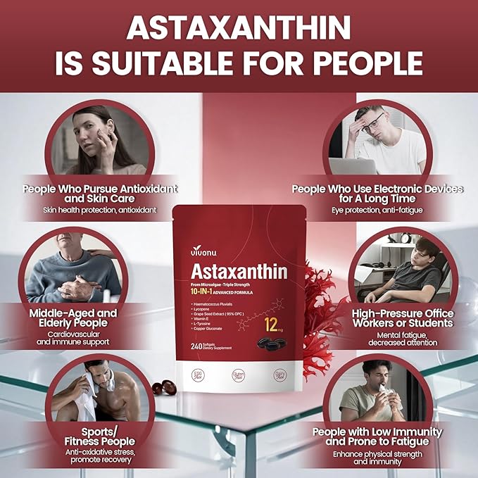 Astaxanthin 12mg, 720 Softgels, Fresh Haematococcus Pluvialis 10 in 1 Astaxanthin Antioxidant Supplements, Contains Lycopene, Grape Seed, Vitamin E, & More Supports Eye, Joints, Skin Health, 3 Bag