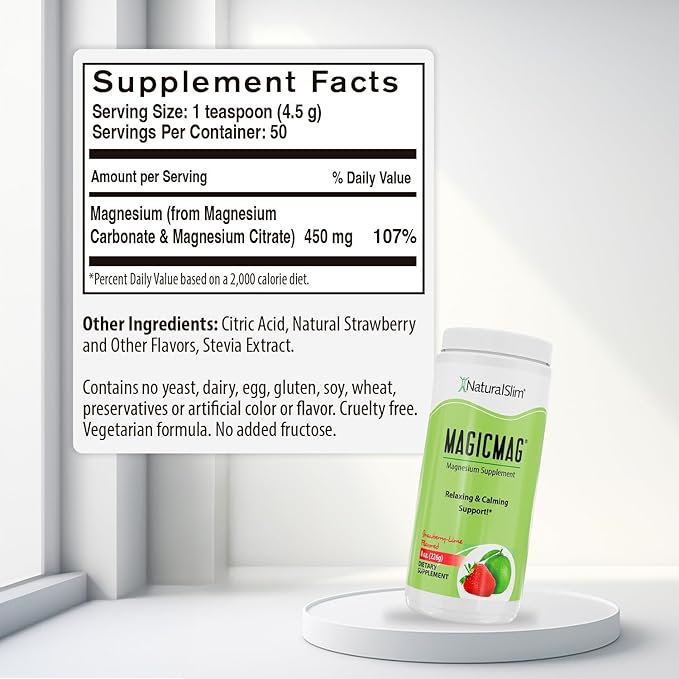 NaturalSlim Magicmag Pure Magnesium Citrate Powder – Stress, Constipation, Muscle, Heart Health, and Sleep Support | Natural Strawberry & Lime Flavored Magnesium Supplement - 8oz Drink Mix (Solo)