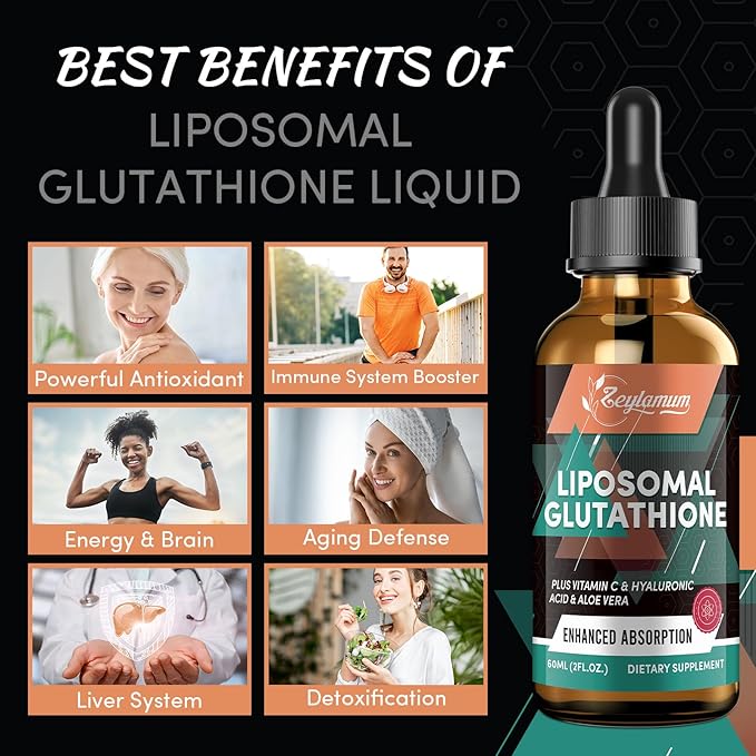 2000MG Liposomal Glutathione Liquid Drops, Ultra High Absorption, Natural Detoxification, Immune System & Skin Supprot*, L-Glutathione, Vitamin C & Hyaluronic Acid, Capsules Alternative, 16.16 OZ