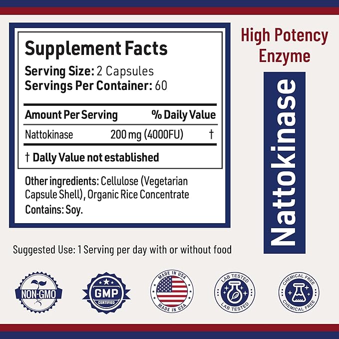 Nattokinase Supplement 4000 FU 200mg - Enzyme - Cardiovascular Support 120 Capsules -Derived from Japanese Natto - Made in The USA Without Magnesium Stearate.