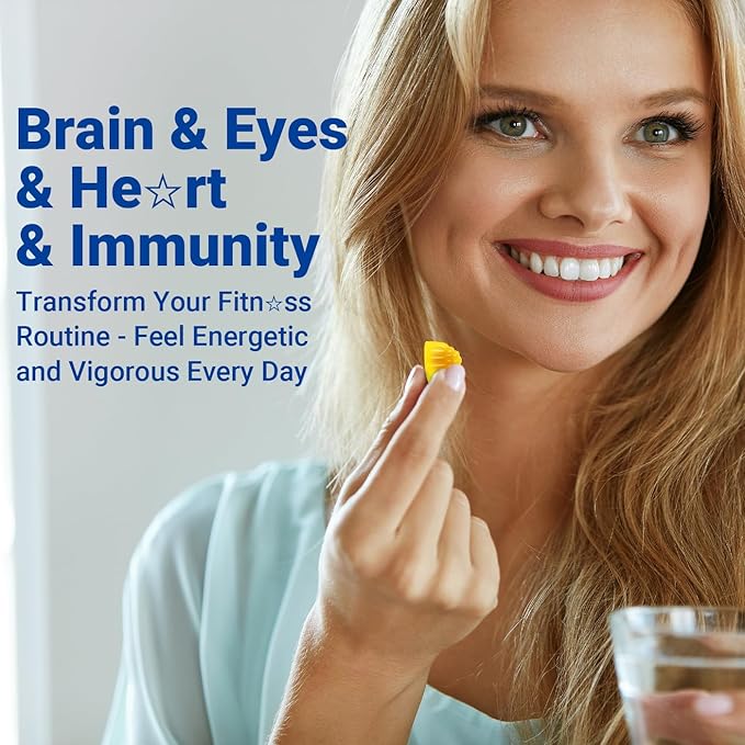 Omega 3 Gummies Vegan Fish Oil Gummies with Turmeric + CoQ10 + Vitamin C D3 K2, Fish Oil Omega 3 Supplements for Women & Men with Algae DHA & EPA for Brain & Immune Support, Sugar Free, 120 Cts