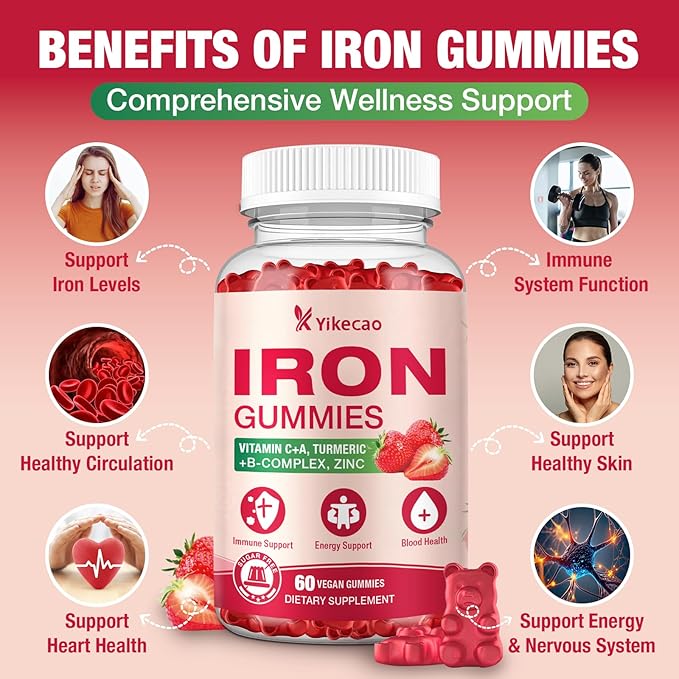 2 Pack Vegan Iron Gummies, Iron Supplement for Women & Men, with Vitamin C, A, B-Complex, Folate, Zinc, and Biotin, Strawberry Flavor, 120 Count