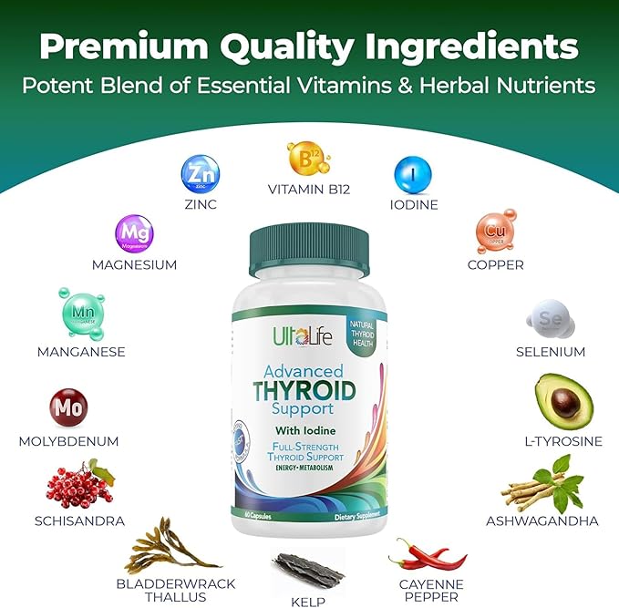 Daily Thyroid Boost Advanced Formula with Iodine Ashwagandha Vitamin B12 Zinc and Selenium for Energy Metabolism and Focus 60 Capsules