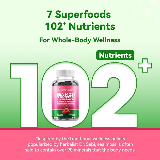 Irish Sea Moss Gummies with Ashwagandha, Elderberry, Apple Cider Vinegar, Bladderwrack, Burdock Root & Black Seed for Immune Support – Mixed Berry Flavor, 2 Pack