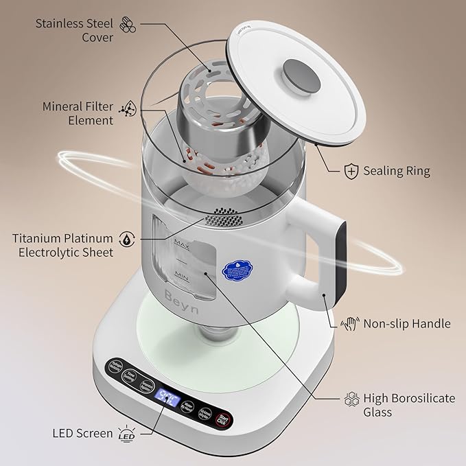 Beyn Selenium-Rich Hydrogen Water Pitcher, Dual-Effect Hydrogen Water Kettle, Electrolysis Jug with SPE/PEM Technology, Smart Constant Temperature Heating, Compatible with Multiple Water Types.