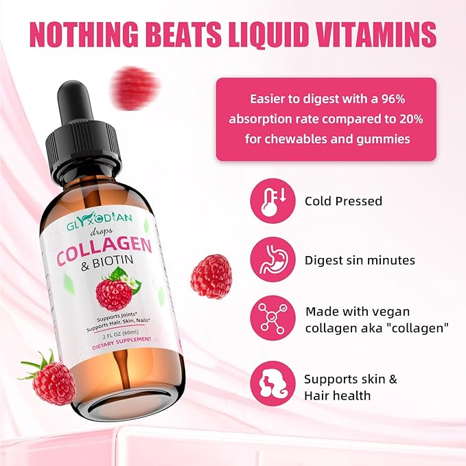 Collagen Biotin Liquid Drops:50000mcg Liquid Collagen Supplement Enhanced Hair Growth High Antioxidant Support Skin Strong Nail Strength Vitamin C Hyaluronic Acid Non-GMO Formula for Women Men
