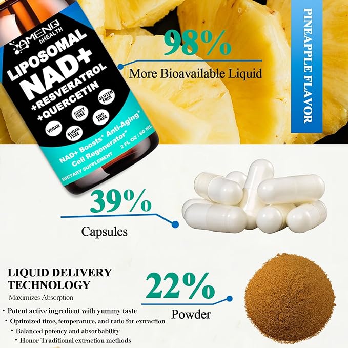 NAD Supplement, Liposomal NAD Nicotinamide Riboside Resveratrol 900mg Quercetion, TMG, Vitamin B3, High Potency NAD Plus Liquid Supplement for Cell Regenerator, Longevity, Energy, Anti-Aging, Focus