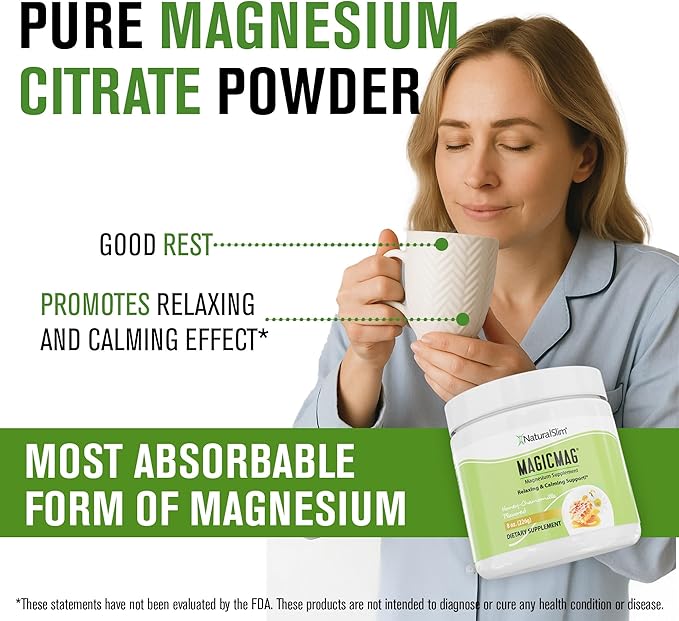 NaturalSlim Magicmag Pure Magnesium Citrate Powder Stress, Constipation, Muscle, Heart Health, and Sleep Support | Honey Chamomile Magnesium Supplement - 8oz Drink Mix (Solo)