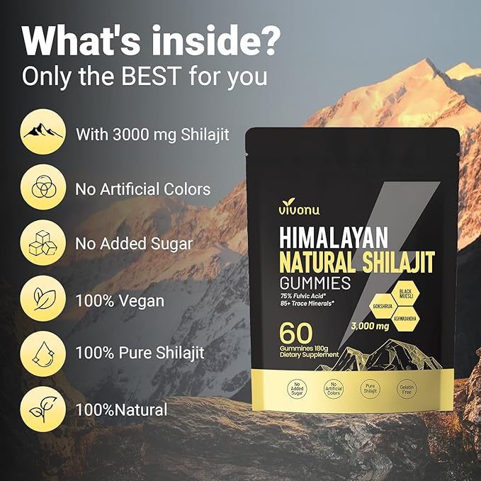 Himalayan Shilajit Gummies with Ashwagandha & Gokshura | 85+ Trace Minerals & Fulvic Acid | Organic, Non-GMO Micronutrient Supplement for Men & Women | 100% Pure & Natural