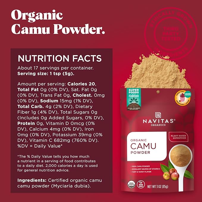 Navitas Organics Camu Powder – For Smoothies, Juices, Wellness Shots & More – Vitamin C, Antioxidants – Immune Support – USDA Organic, Non GMO, Kosher Gluten Free, Vegan (4oz. Bag, 4 Servings)