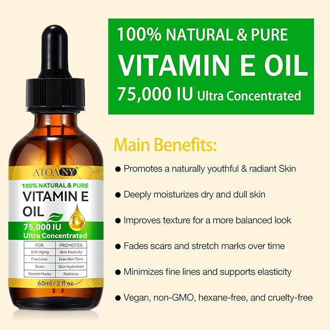 Vitamin E Oil for Skin, Scars and Face, Pure Vitamin E Oil 75,000 IU, Reduce Scars, Fine Lines, Moisturize and Radiant Skin for Whole Body, 2 Fl Oz