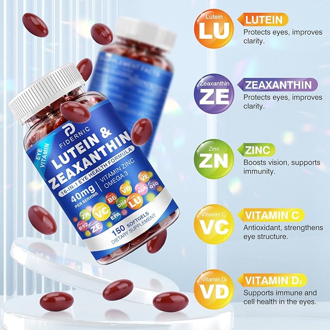 Lutein and Zeaxanthin Supplement - Eye Vitamins, 40 mg Lutein & 8 mg Zeaxanthin with Vitamins C, E, Zinc, Omega-3 & CoQ10 for Blue Light Protection, Eye Health Support, Eyebright - 150 Softgels