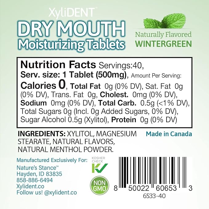 Nature's Stance XyliDENT Xylitol Tablets for Dry Mouth Relief - Stimulates Saliva, Freshens Breath, Reduces Acid Production, Fast Acting Relief, 40 Count (Wintergreen)