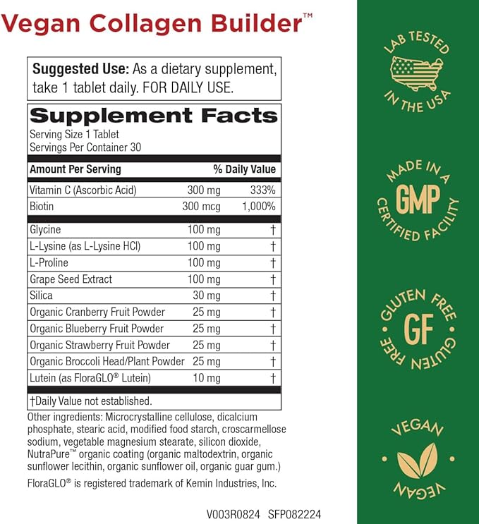 Vegan Collagen Builder - Organic Whole Foods Fruits + Veg, Silica, Lutein, Vitamin C, Biotin, Grape Seed - Amino Acids Glycine, Lysine + Proline Collagen Boosters (30 Servings, Tablets)