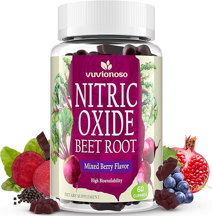 Nitric Oxide Beet Root Gummies 6000mg – Nitric Oxide Booster with Organic Beet Root, Grapeseed, Pomegranate, Vitamin C & B12 – Sugar-Free Beet Chewables Mixed Berry Flavor – 60 Gummies