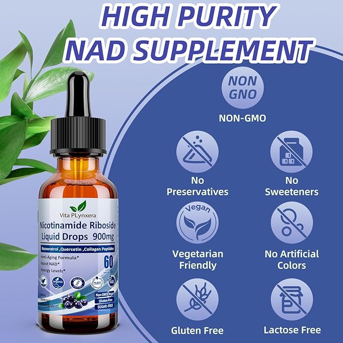 NAD Supplements for Women & Men, NAD Nicotinamide Riboside Resveratrol 900mg & Quercetin, Niacin, Collagen, Biotin, Liquid NAD Plus Supplement NR900 For Anti-Aging Skin Energy Longevity Focus Brain