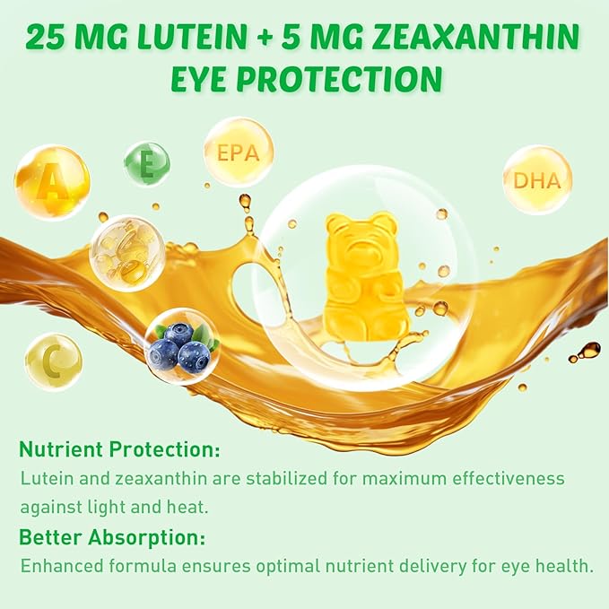 Lutein Gummies with Zeaxanthin, Eye Vitamins with Omega-3, Bilberry, and Astaxanthin for Vision and Eye Health, Mango Flavor, 60 Count
