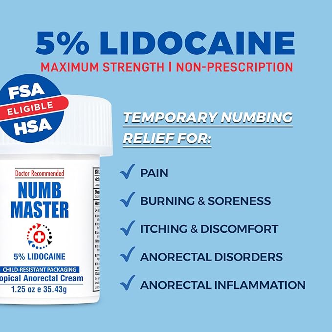 Clinical Resolution Numb Master 5% Lidocaine Numbing Cream for Pain Relief, Topical Anesthetic Burn Itch Cream Maximum Strength, Fast Acting Hemorrhoid Treatment with Vitamin E and Aloe, 1.25 Oz