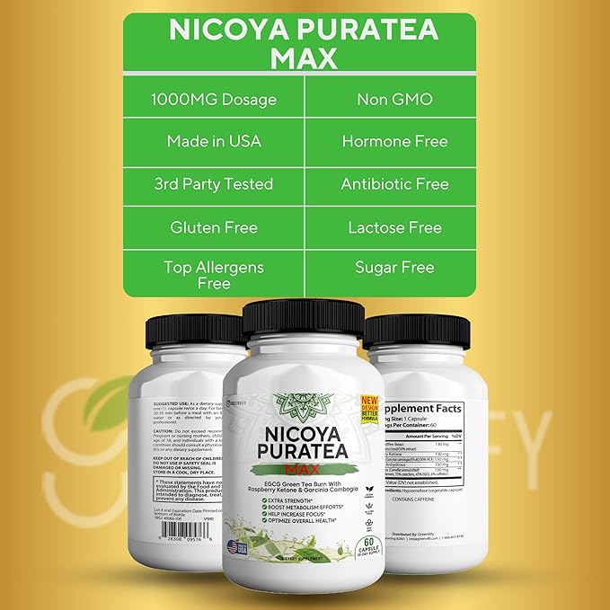 Nicoya PuraTea Max Green Tea Extract & Green Coffee Bean for Metabolism Support, Natural Energy Boost, Antioxidant-Rich Supplement – 60 Capsules