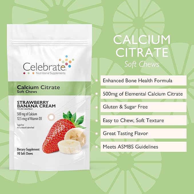 Celebrate Vitamins Bariatric 500mg Calcium Citrate Soft Chews with 500 IU Vitamin D3 – Essential for Gastric Bypass Patients & Bone Health - Sugar & Gluten Free, Strawberry Banana Cream (90 Chews)
