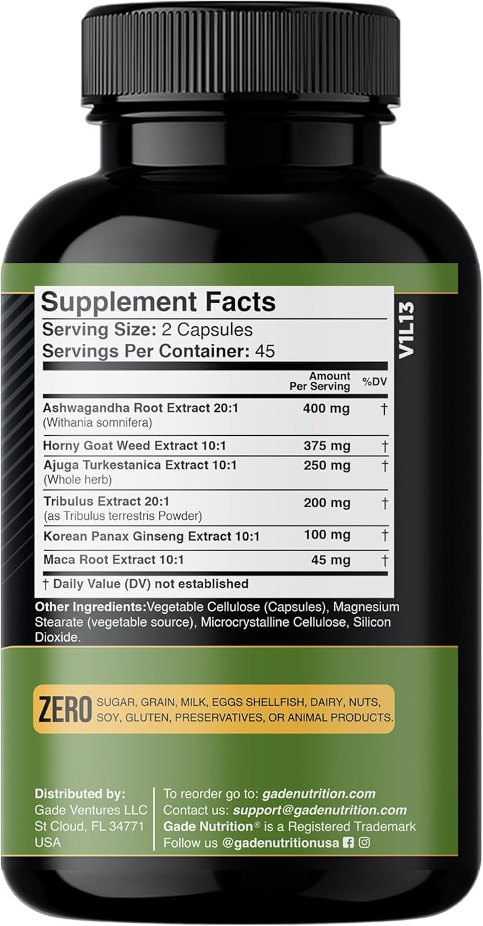 Gade Nutrition Ashwagandha with Maca Root, Horny Goat Weed, Turkesterone Supplement, Tribulus Terrestris, Panax Ginseng | Made in USA | Pack of 3