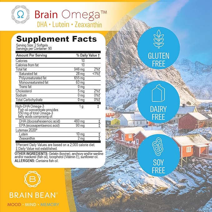 Brain Omega with Lutein and Zeaxanthin โ Omega 3 Supplement for Brain, Heart & Eye Health โ 460 mg DHA, 90 mg EPA, Lutein and Zeaxanthin Supplements โ 180 Softgels (90 Servings)