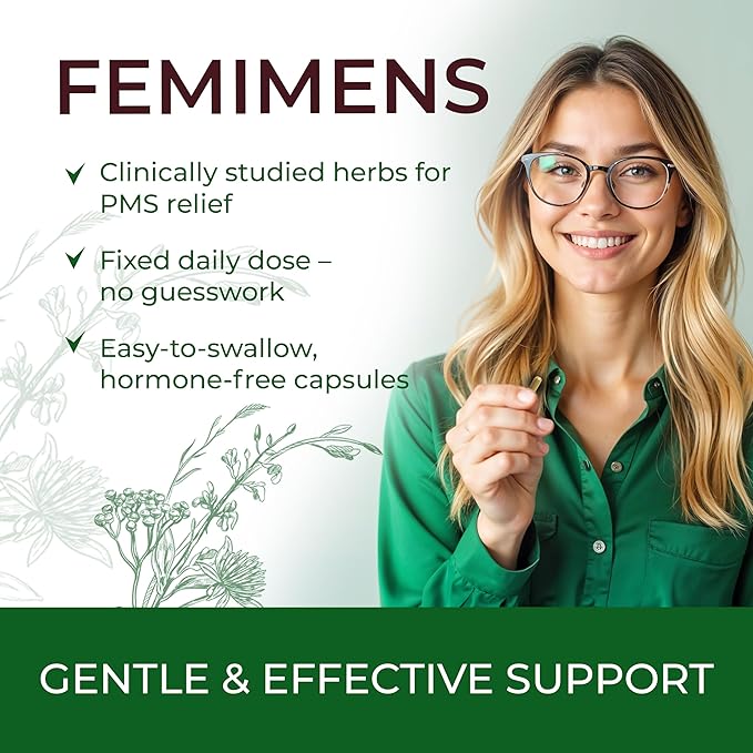 FEMIMENS – PMS Support Supplement for Women – PMS Relief for Women & Menstrual Cramp Relief – Hormonal Balance for Women – Chasteberry Vitex, Ashwagandha, Ginger, Fenugreek – 120 Vegan Capsules