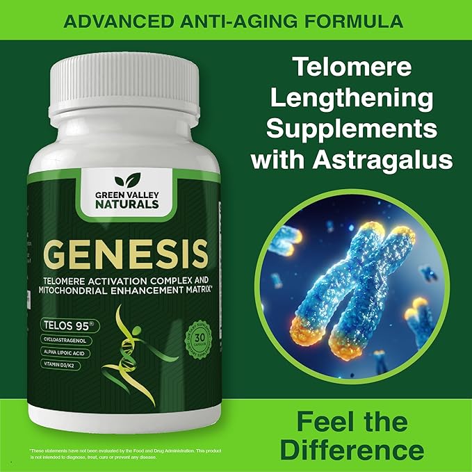 Genesis Telomere Length Supplement – Anti-Aging Formula, Telomere Lengthening Supplements with Astragalus & Vitamins, Supports NAD Pathways, DNA Integrity and Cellular Health