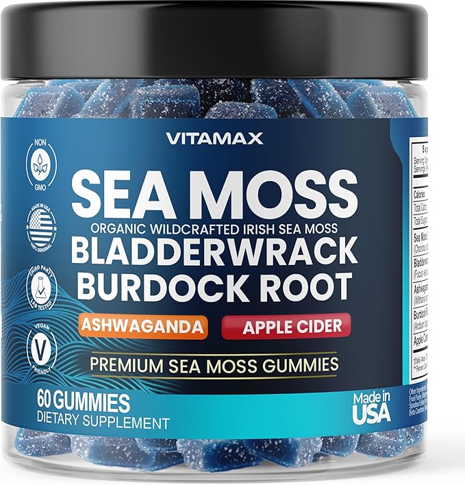 Irish Sea Moss Gummies, Sea Moss, Bladderwrack, Ashwagandha, Burdock Root, ACV - Multi-Mineral - Non-GMO and Vegan – Made in USA – 60ct