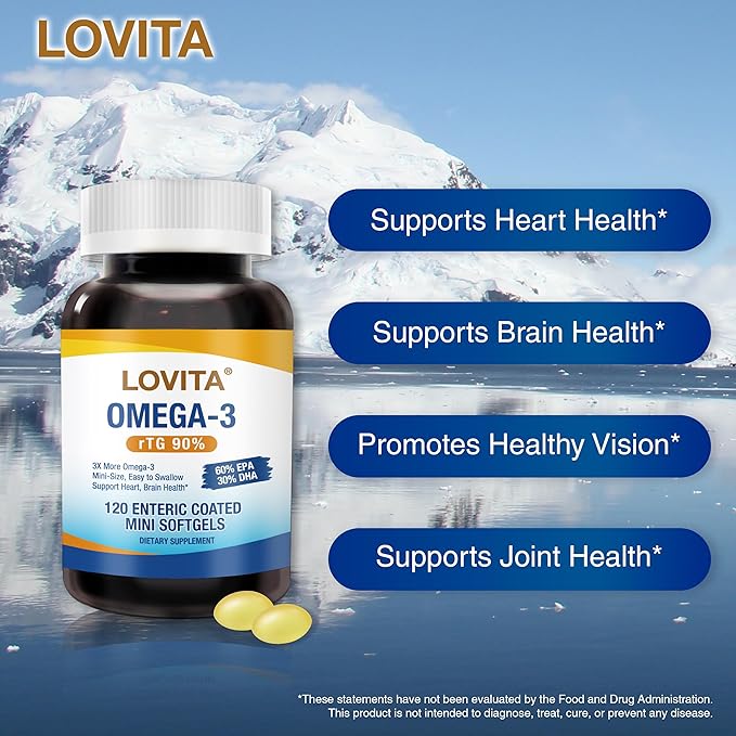 Lovita Omega-3 Fish Oil 2000mg, High Absorption rTG Form with EPA & DHA, 90% Omega-3, Burpless, Easy to Swallow, Supports Heart, Brain & Eye Health, 120 Enteric-Coated Softgels (Pack of 3)