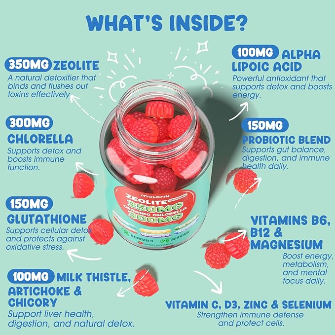 Zeolite Detox for Kids & Adults, 350mg Zeolite Gummies with 300mg Organic Chlorella, Glutathione, Probiotic & Vitamin D3, E, C, B6, B12 for Immune & Gut Support, Apple Gummies, 29 Serving