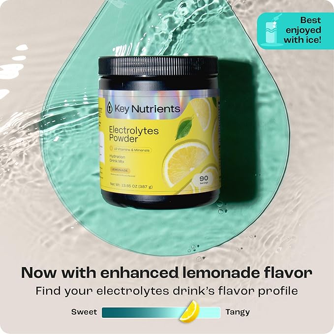 KEY NUTRIENTS Multivitamin Electrolytes Powder No Sugar - Refreshing Lemonade Electrolyte Powder - Sodium & Energy Supplement - Hydration Powder - No Calories - 90 Servings - Made in USA