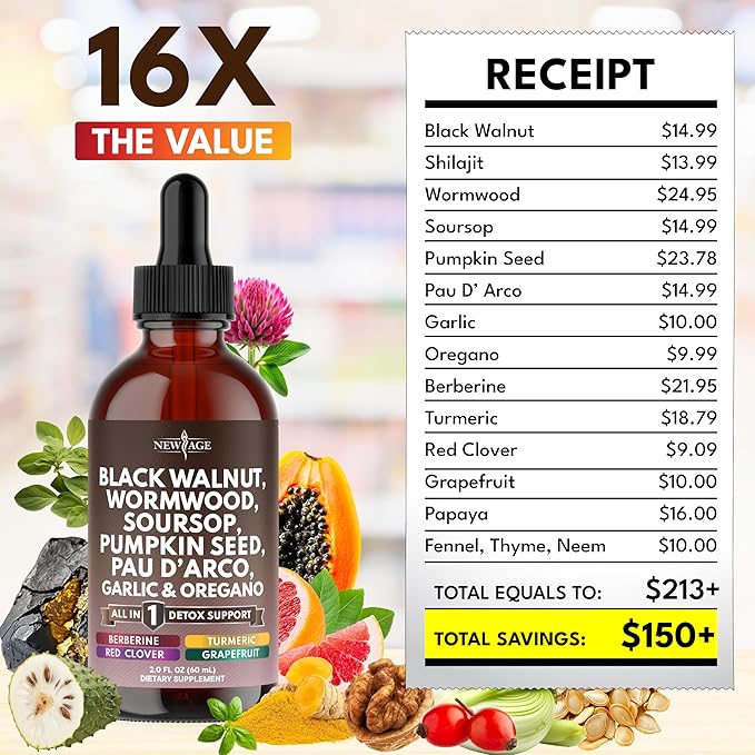 Black Walnut Wormwood Cleanse Drops - Liquid Soursop, Garlic, Pumpkin Seed, PAU D'Arco, Oil of Oregano, Turmeric, Berberine, Neem Extract, Hull Bark, Tincture - - 4oz