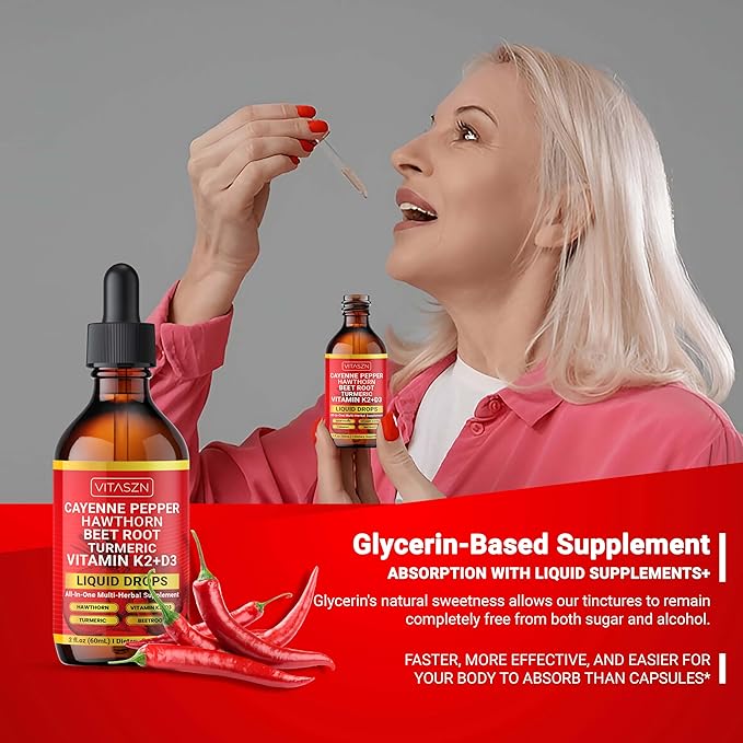 Cayenne Pepper Drops Liquid Supplement with Hawthorn Berry, Vitamin D3 + K2, Beet Root, Ceylon Cinnamon, Turmeric Curcumin, Panax Ginseng & Berberine Vegan-Friendly, Easily Absorbed 2oz - 60ml