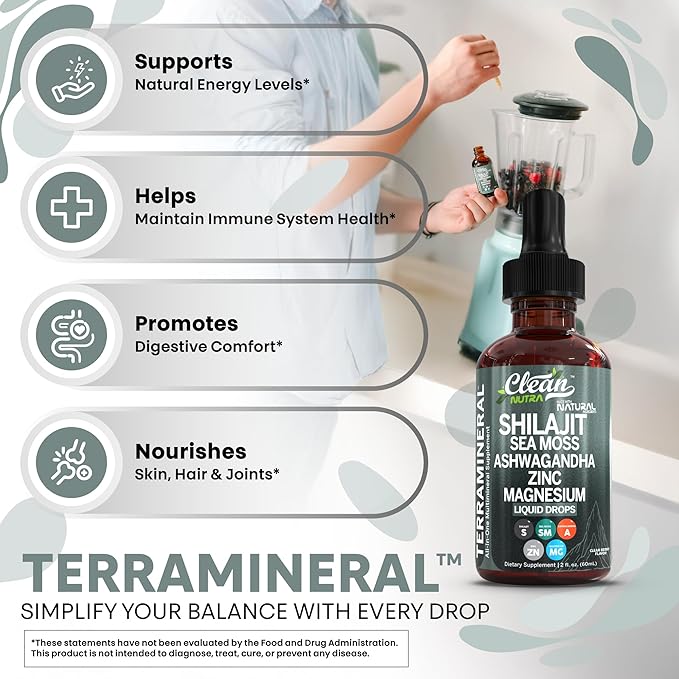 Clean Nutraceuticals Shilajit Liquid Drops with Sea Moss, Ashwagandha, Zinc, Magnesium, Liquid Vitamins for Women and Men - Terra Mineral