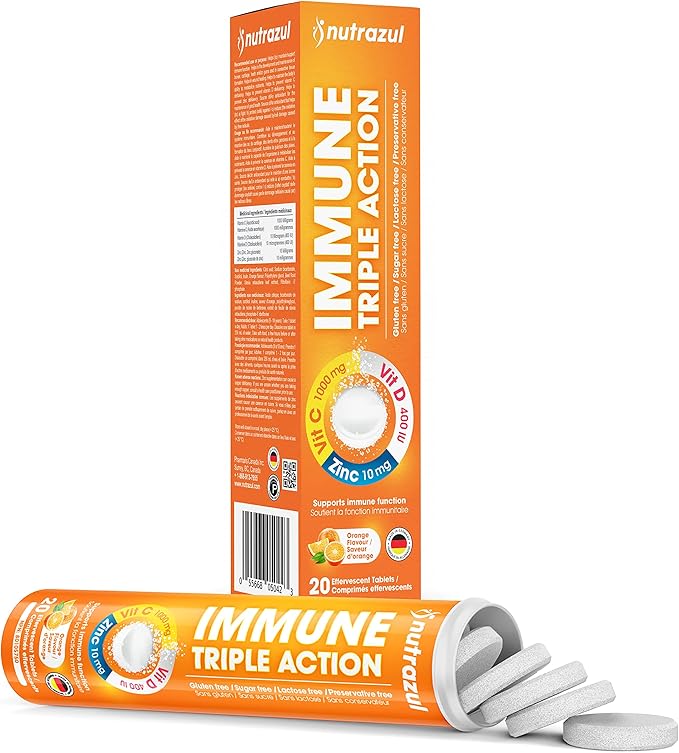 nutrazul Immune Triple Action Effervescent Tablets - Vitamin C 1000 mg, Vitamin D 400 IU, Zinc 10mg I Orange (Pack of 5X20) | Gluten Free, Sugar Free, Lactose Free & Preservative Free