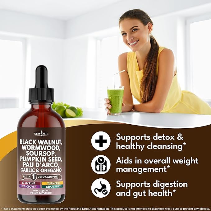 Black Walnut Wormwood Cleanse Drops - Liquid Soursop, Garlic, Pumpkin Seed, PAU D'Arco, Oil of Oregano, Turmeric, Berberine, Neem Extract, Hull Bark, Tincture - - 4oz