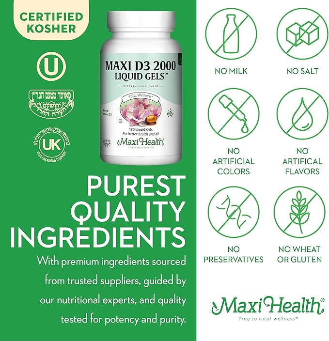 Maxi Health Kosher Vitamin D3 2000IU, Highly Absorbable Vitamin D Supplements for Healthy Immune Response, Calcium Absorption, Teeth & Bone Health - Vit D3 Vitamin 2000 IU - 180 Liquid Gels