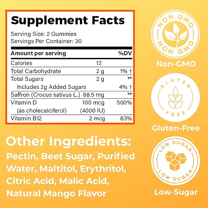 Saffron Gummies with Vitamin D3 & B12 – Natural Mood & Energy Support for Emotional Balance and Stress Relief – Tropical Mango, 60 Count (60 Count, Mango)
