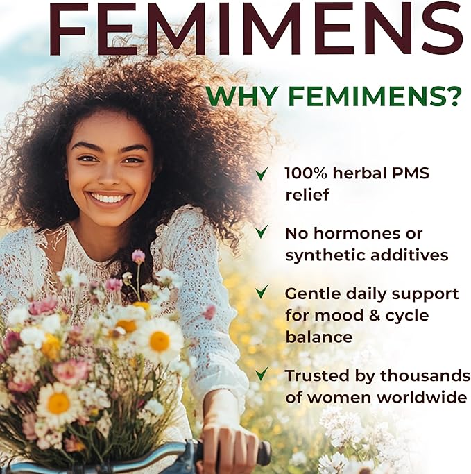 FEMIMENS – PMS Support Supplement for Women – PMS Relief for Women & Menstrual Cramp Relief – Hormonal Balance for Women – Chasteberry Vitex, Ashwagandha, Ginger, Fenugreek – 120 Vegan Capsules