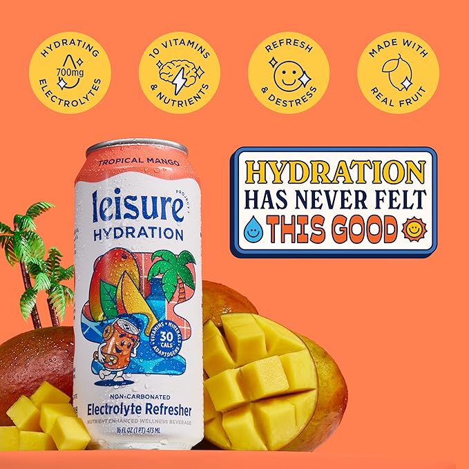Leisure Hydration Non-Carbonated Electrolyte Refresher, Tropical Mango Flavor - Low Sugar Nutrient Enhanced Water Beverage - Get The Best Hydration Packed w/ Magnesium & Ashwagandha For Mood & Stress Support, Non-GMO, 16 oz (12-Cans)