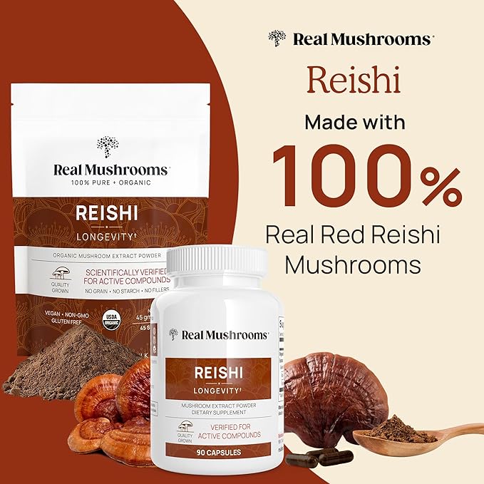 Real Mushrooms Reishi Mushroom Capsules - Handpicked Organic Mushroom Extracts - Red Reishi for Tranquil Daily Wellness with Verified Beta Glucans Vegan, Non-GMO, No Grain Fillers, 200 ct