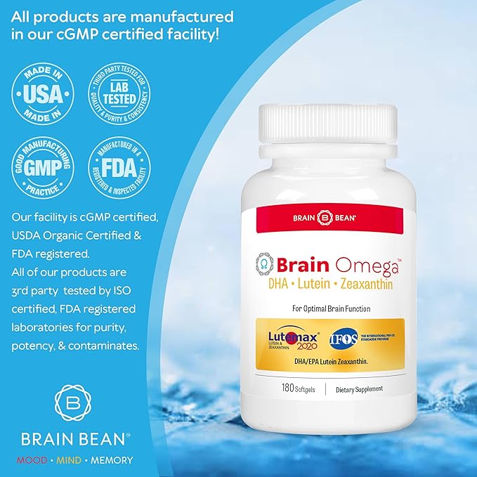 Brain Omega with Lutein and Zeaxanthin โ Omega 3 Supplement for Brain, Heart & Eye Health โ 460 mg DHA, 90 mg EPA, Lutein and Zeaxanthin Supplements โ 180 Softgels (90 Servings)