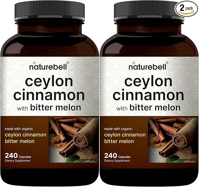 NatureBell 2 Pack Ceylon Cinnamon 9000mg Per Serving, 480 Capsules | Made with Organic Sri Lanka Ceylon Cinnamon Plus Organic Bitter Melon – Non-GMO, No Gluten