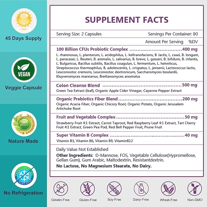 NATURE TARGET Probiotics for Women-Men Digestive Health, Mens-Womens Probiotic with Prebiotics, 100 Billion CFUs for Gut and Immune Health, 180 Veggie Capsules (90 Days Supply)