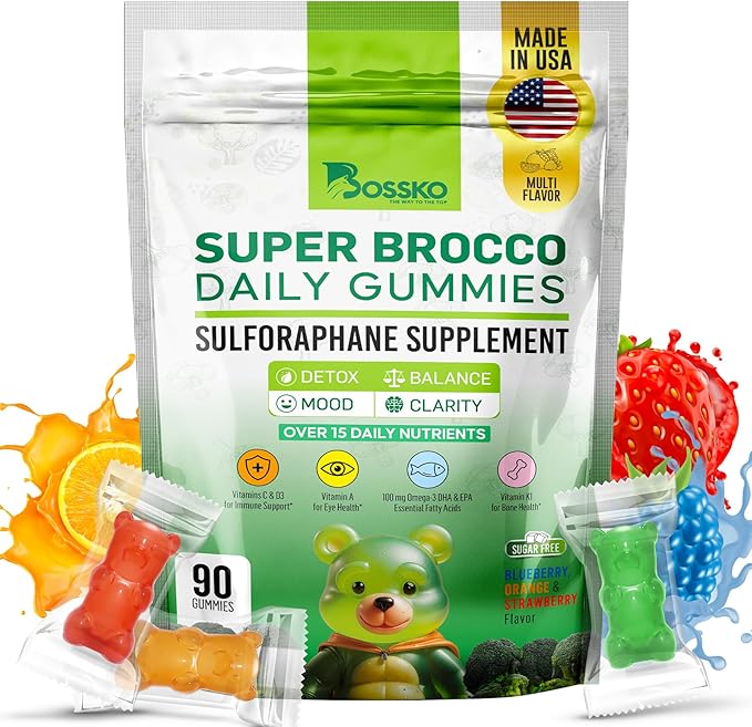 Bossko Sulforaphane Gummies with Omega-3 โ Broccoli Sprout Extract, EPA/DHA & Antioxidants โ Cellular Health & Mood Support โ 90 Vegan Gummies โ Mixed Berry Flavors โ Sugar-Free