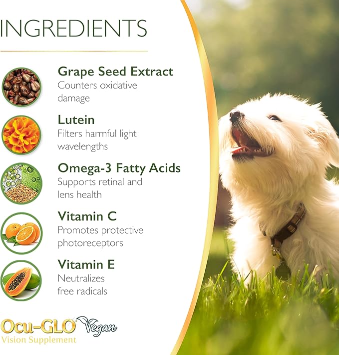 Ocu-GLO® Vegan Capsules - Vision Supplement for Dogs & Mature Cats - Formulated with Lutein, Algae Based Omega-3 Fatty Acids, Grape Seed Extract & Antioxidants to Promote Eye Health - 90 ct