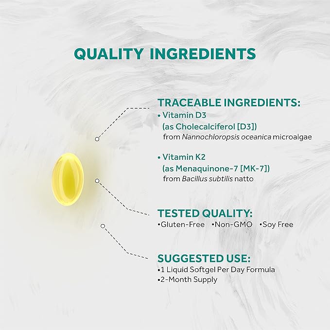 Vegan Vitamin D3 + K2 from Algae | 5000iu Vitamin D with 120mcg MK7 Vitamin K | Vegan Society Certified, Sustainably Sourced, Better Than Animal Derived | 60 Veggie Softgels