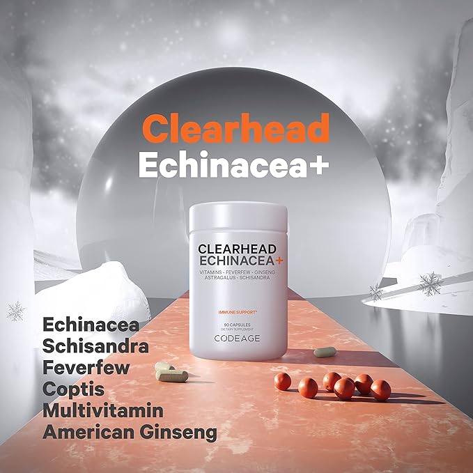 Codeage Clearhead Echinacea+ Supplement - Echinacea, Schisandra, Feverfew, Coptis, American Ginseng, Astragalus, Garlic, Probiotics, Vitamins C & D3, Zinc, Selenium - Clear Head Vitamin - 90 Capsules