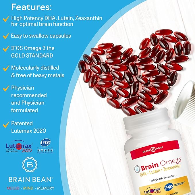 Brain Omega with Lutein and Zeaxanthin โ Omega 3 Supplement for Brain, Heart & Eye Health โ 460 mg DHA, 90 mg EPA, Lutein and Zeaxanthin Supplements โ 180 Softgels (90 Servings)